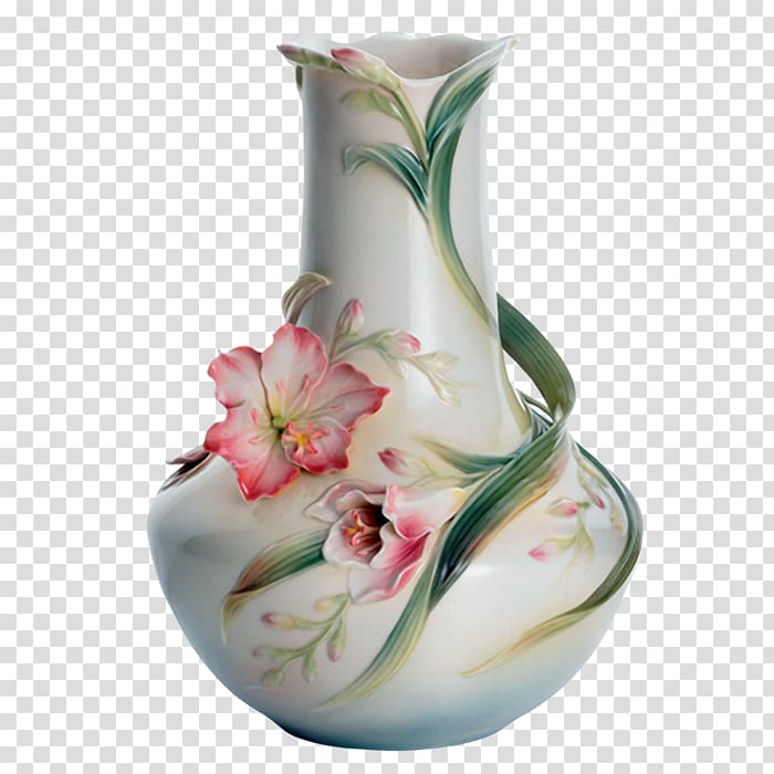 Elegant ceramic vase with hand-painted pink lilies and green vines on a glossy white glaze.