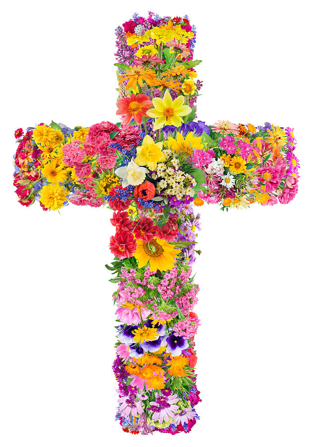 A vibrant cross-shaped floral arrangement composed of colorful flowers including sunflowers, daisies, and zinnias on a white background.