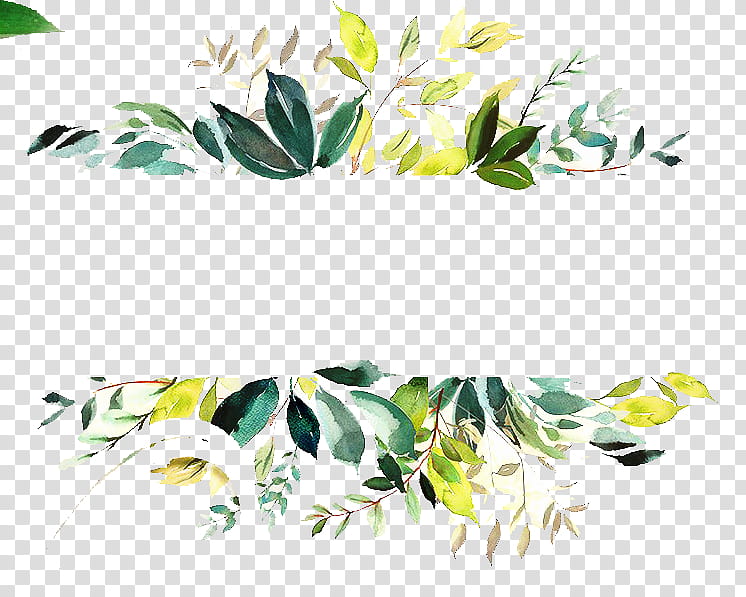 Watercolor leaf border design with green, yellow, and beige foliage on transparent background.