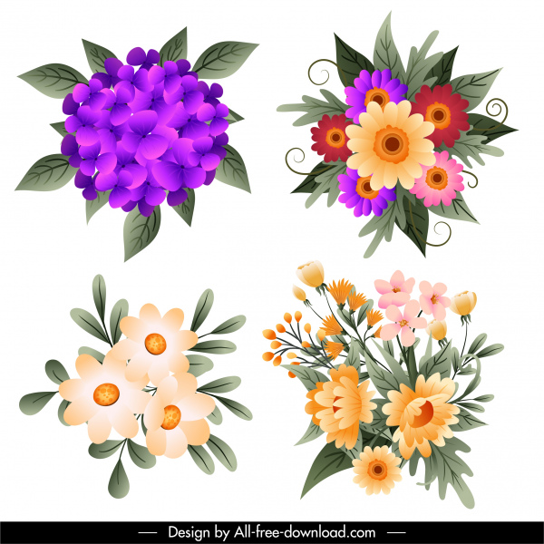 Four colorful floral bouquets with purple hydrangea, daisies, and orange blossoms surrounded by green leaves on white background.
