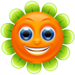 Smiling orange sun emoji with green leaf-like petals and big blue eyes.