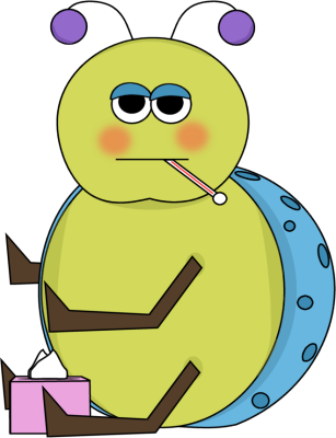 A sick green cartoon caterpillar with thermometer in mouth, rosy cheeks, and tissue box nearby.