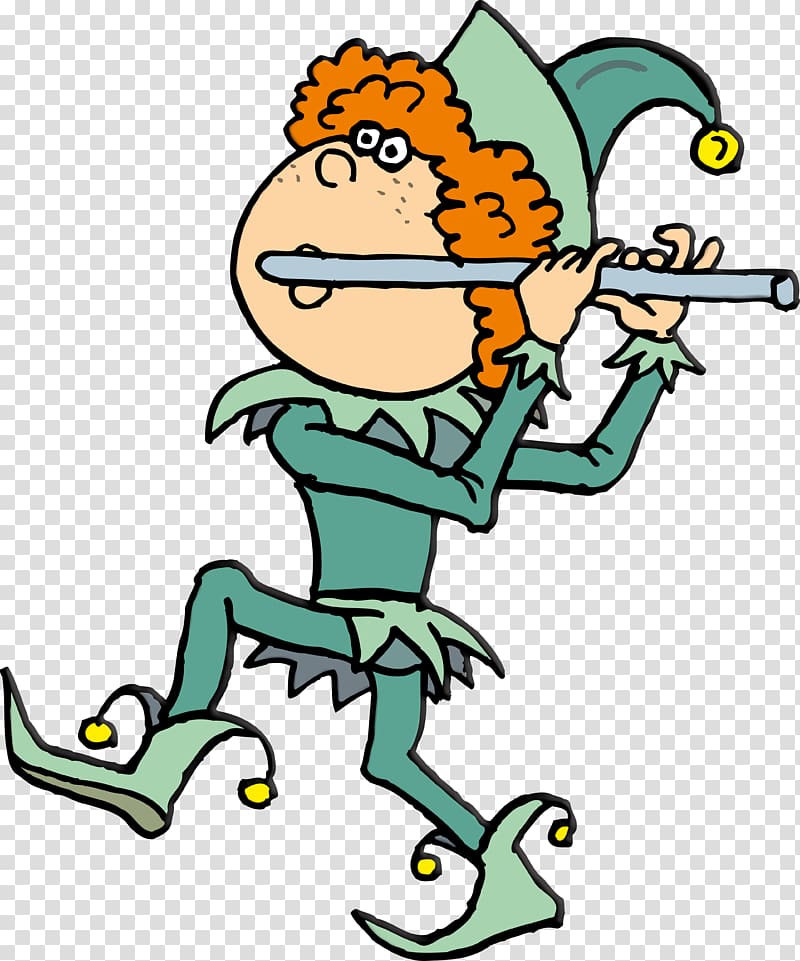 Cartoon jester with curly red hair playing a flute, wearing green outfit and pointed hat with bells.