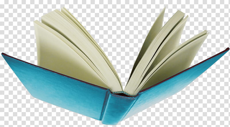 Open turquoise hardcover book with cream-colored pages fanned out, on transparent background.