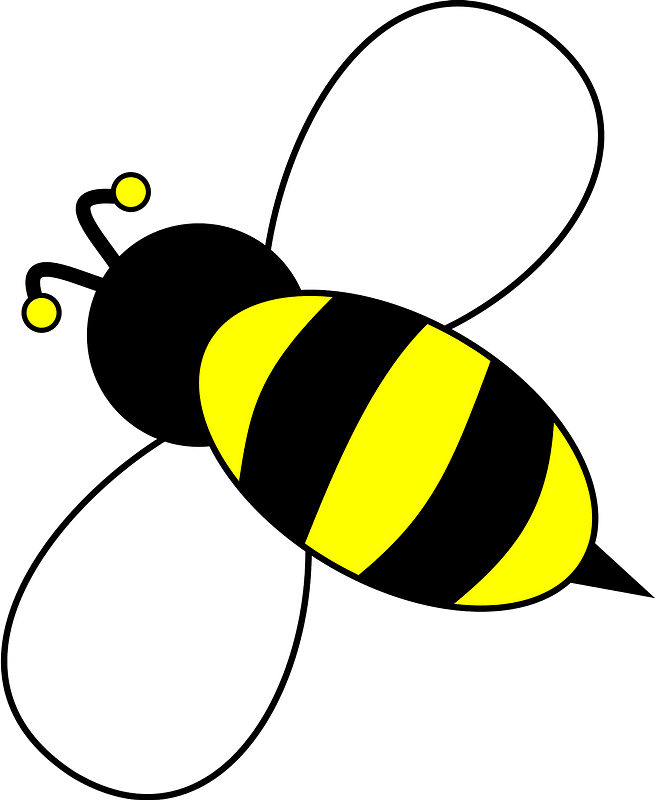 Stylized cartoon bee with black and yellow stripes, white wings, and yellow antennae on gray background.