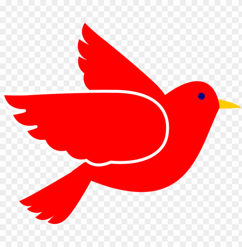 Red cartoon bird in flight with yellow beak, blue eye, and white wing outline on transparent background.