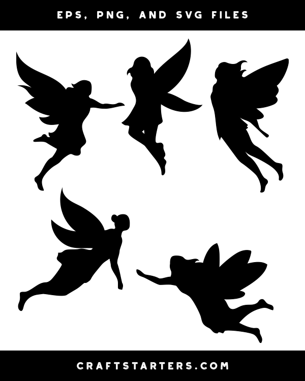 Five black fairy silhouettes in dynamic flying poses, ideal for crafts and digital design projects.