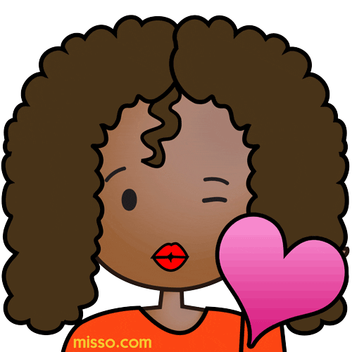 Cartoon woman with curly hair winking and holding a pink heart, expressing love or affection.