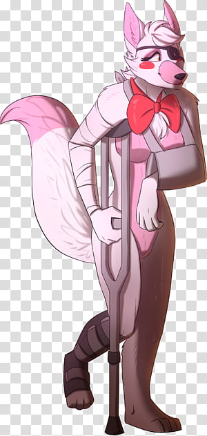 Pink-furred anthropomorphic fox with eyepatch, red bowtie, crutch, and arm sling, standing confidently.