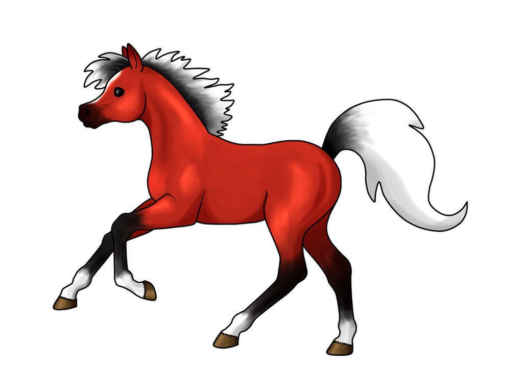 Vibrant red foal with white mane, tail, and leg markings in a dynamic trotting pose.
