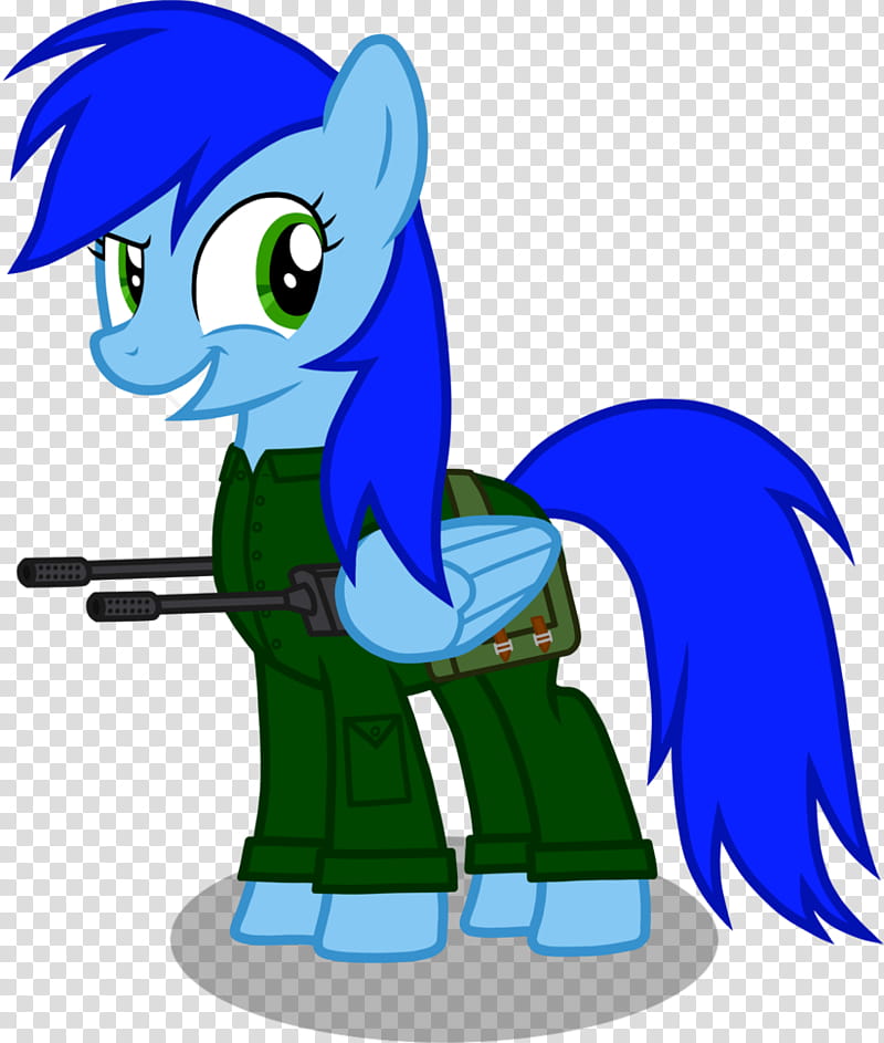Blue pony with green eyes in military uniform holding dual-barrel weapon, smiling confidently.