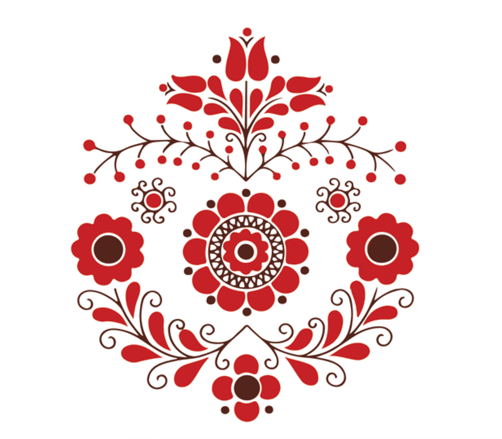 Traditional red and brown folk floral ornament in symmetrical circular design, evoking Eastern European embroidery patterns.