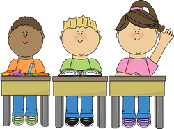 Three diverse cartoon children sitting at desks in a classroom, one raising hand.