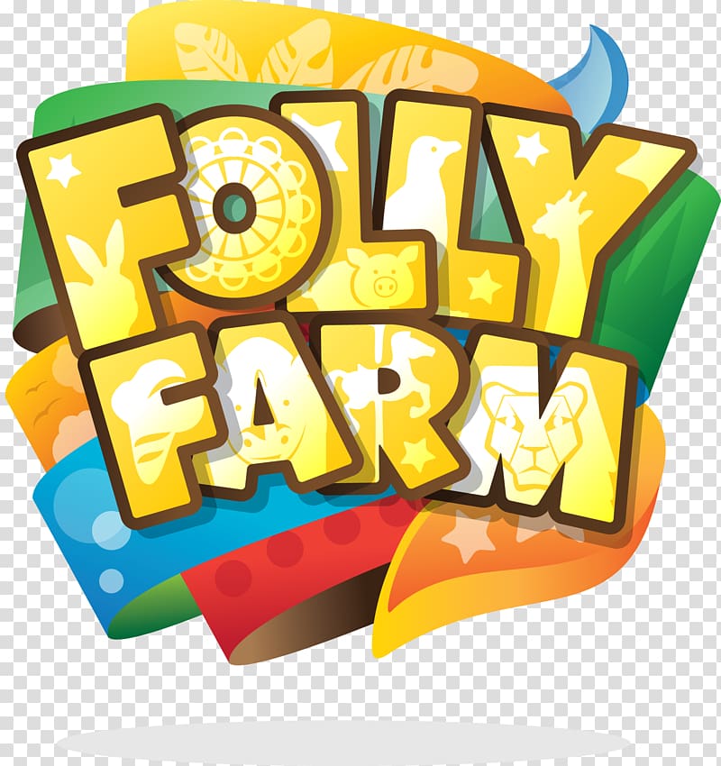 Colorful "Folly Farm" logo with animal silhouettes and vibrant ribbon background.