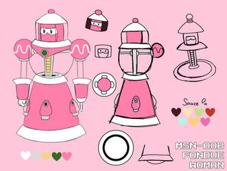 Pink robotic fondue-themed character design with accessories and color palette labeled "MSM-008 Fondue Woman".