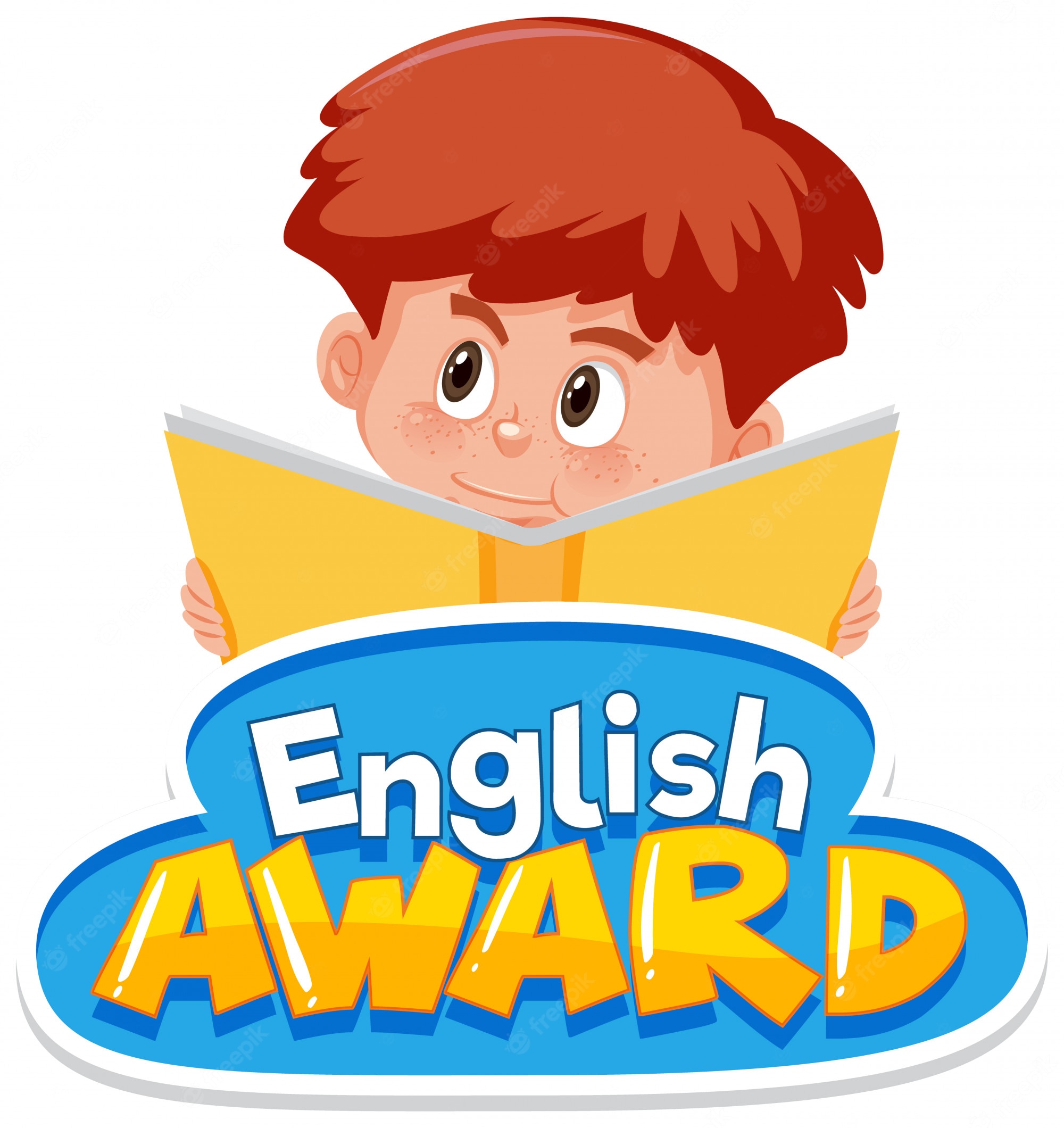 A smiling red-haired boy reading a yellow book above a blue "English Award" badge.