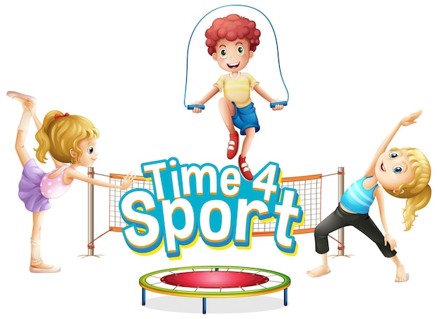 Three children engaging in fun sports activities-jumping rope, stretching, and balancing-with a trampoline and net in a bright, playful setting.