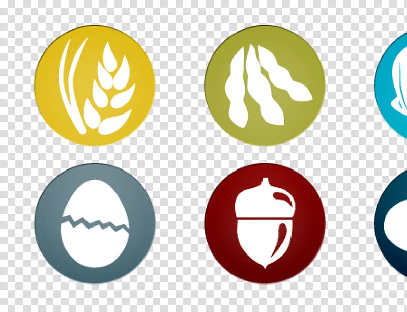 Six circular icons representing common allergens: wheat, soy, egg, acorn (tree nuts), and two partially visible icons.