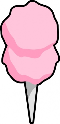 Pink cotton candy on a white stick, fluffy and swirled, cartoon-style illustration.