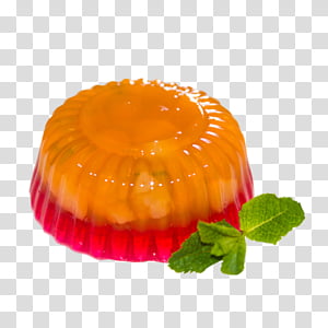Layered orange and pink jelly dessert with fresh mint garnish on transparent background.
