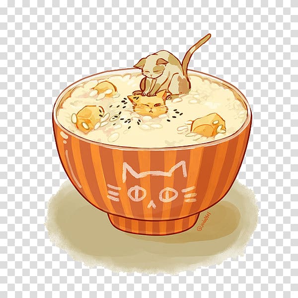 A cute cartoon kitten sitting in a striped orange bowl of rice porridge with fish-shaped toppings and black sesame seeds.