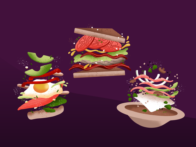 Three vibrant, deconstructed food illustrations-egg sandwich, BLT, and noodle bowl-floating against a deep purple background.