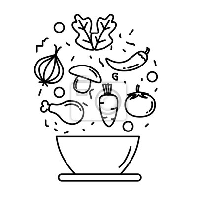 Line art illustration of fresh vegetables, mushrooms, chicken, and herbs falling into a bowl, symbolizing healthy cooking or meal prep.