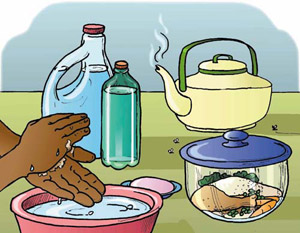 A person washing hands in a pink basin beside cleaning supplies, a teapot, and a covered food container.