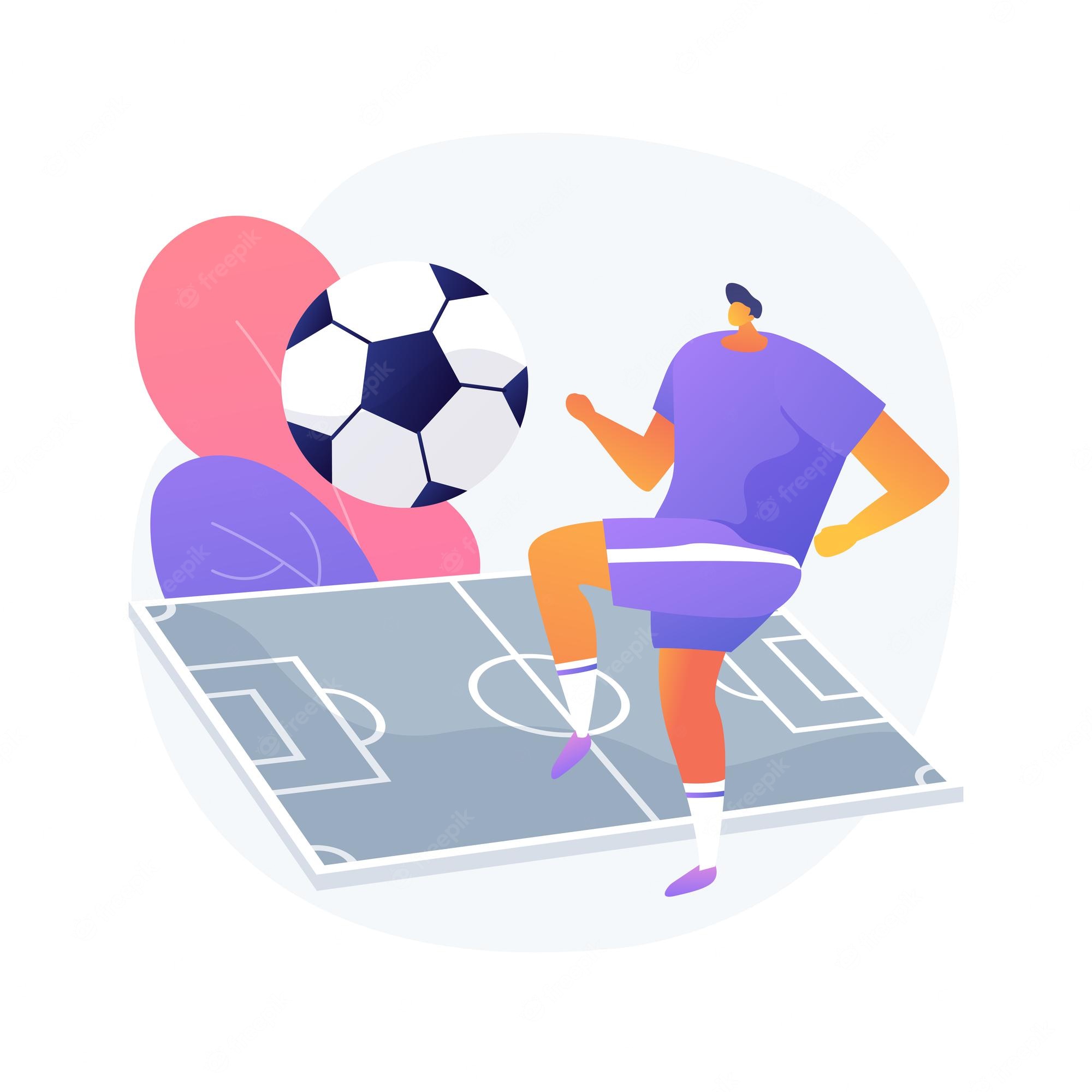 A stylized soccer player in purple kit kicks a ball on a miniature field with abstract shapes in background.