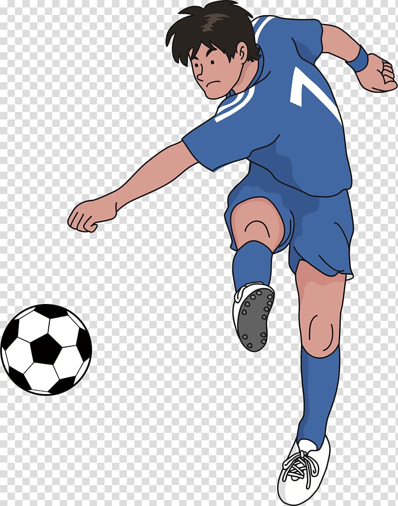 Animated soccer player in blue jersey kicking a classic black-and-white ball mid-action.