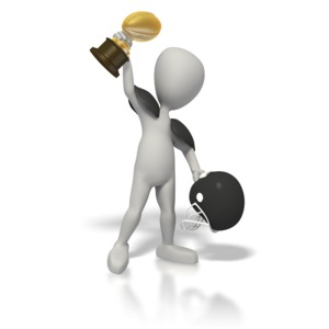 A 3D white figure celebrates victory, holding a golden trophy aloft and a black football helmet in the other hand.