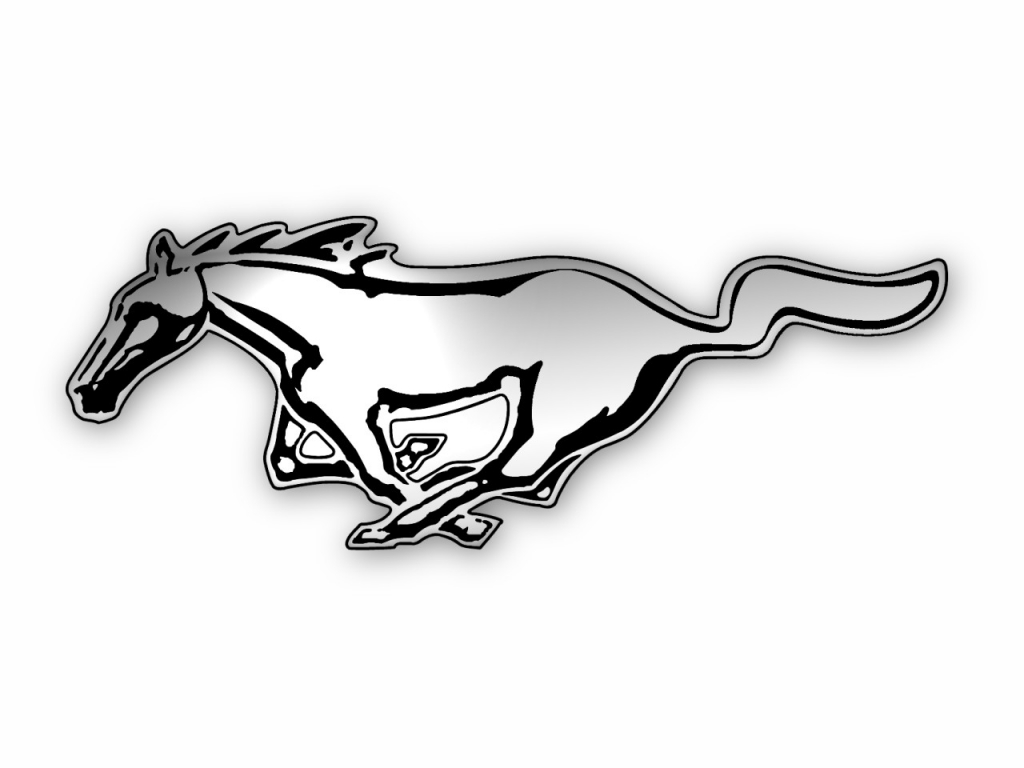 Ford Mustang galloping horse logo in chrome black-and-white stylized design.