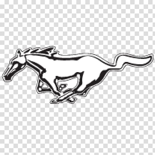 Black and white galloping horse logo, iconic Ford Mustang emblem.