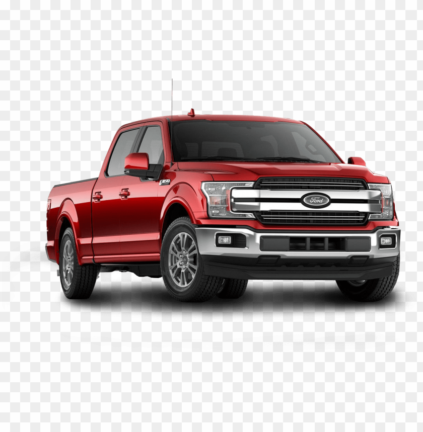 Red 2026 Ford F-150 pickup truck with chrome grille, alloy wheels, and crew cab configuration on transparent background.