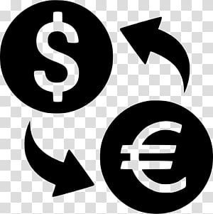 Circular arrows showing currency exchange between US Dollar and Euro symbols.