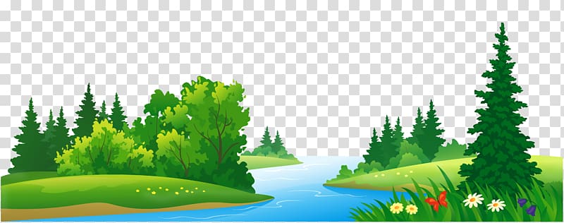 Serene cartoon-style river winding through lush green hills and pine forests with wildflowers in foreground.