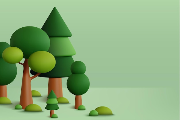 Stylized 3D green trees and foliage on a soft green background, minimalist forest scene with rounded shapes and warm brown trunks.