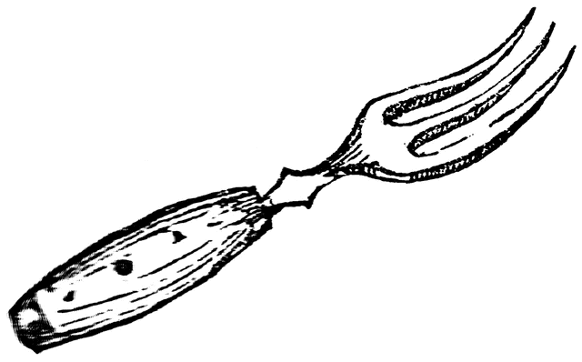 Black-and-white line drawing of a vintage fork with ornate wooden handle and four tines.