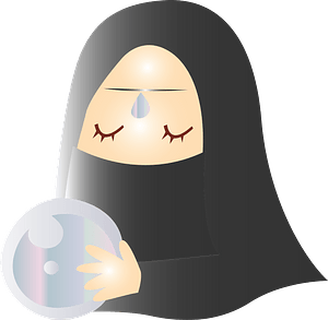 A hooded fortune teller with closed eyes holds a crystal ball, evoking mysticism and divination.