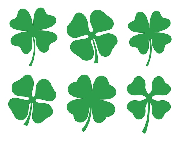 Six green four-leaf clover icons arranged in two rows on a white background, symbolizing luck and St. Patrick’s Day.