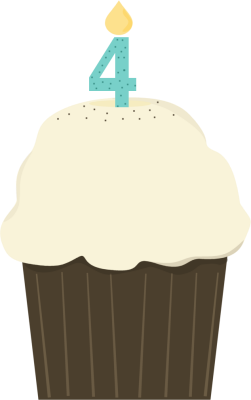 Birthday cupcake with white frosting and a blue number 4 candle lit on top.