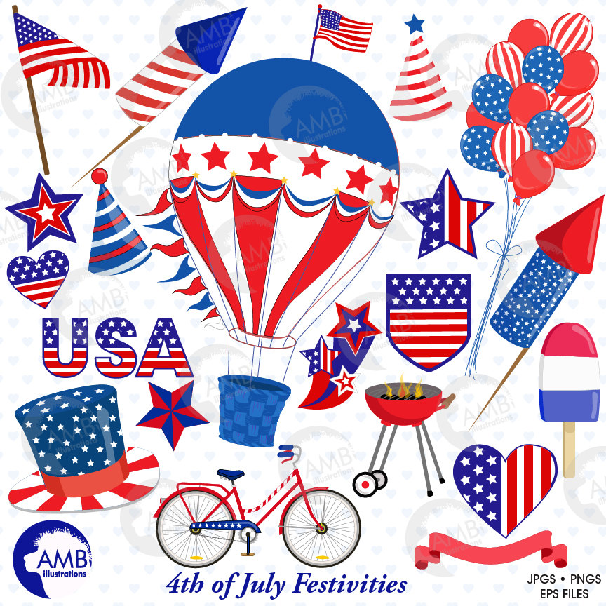 Patriotic 4th of July clipart bundle featuring flags, balloons, hot air balloon, bike, grill, stars, hearts, and USA text in red, white, and blue.