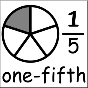 A pie chart divided into five equal slices with one slice shaded gray, labeled "1/5" and "one-fifth".