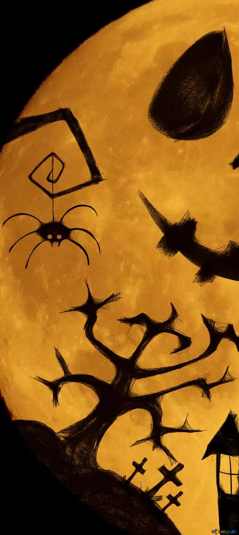 Spooky Halloween scene with a full orange moon, silhouetted gnarled tree, spider, haunted house, and tombstones.