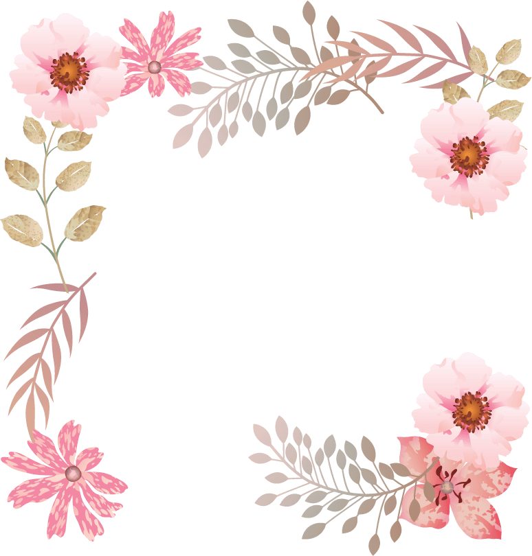 Delicate pink floral frame with soft leaves and blossoms on transparent background, ideal for invitations or digital decor.