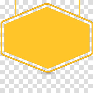 Bright yellow hexagonal sign frame with white inner border, suspended by two strings on transparent background.