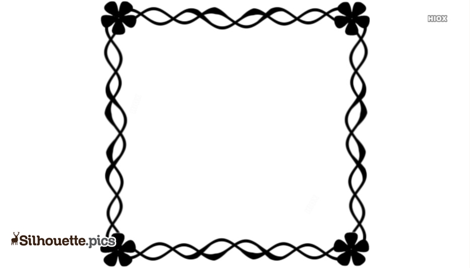 Black ornamental square frame with twisted rope border and four clover motifs at corners on white background.