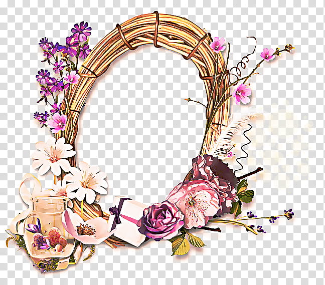 Rustic floral wreath with purple and white flowers, greenery, a jar of petals, and a gift box on transparent background.