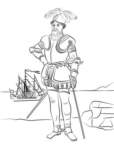 A bearded 16th-century explorer in ornate armor stands confidently with a ship in the background.
