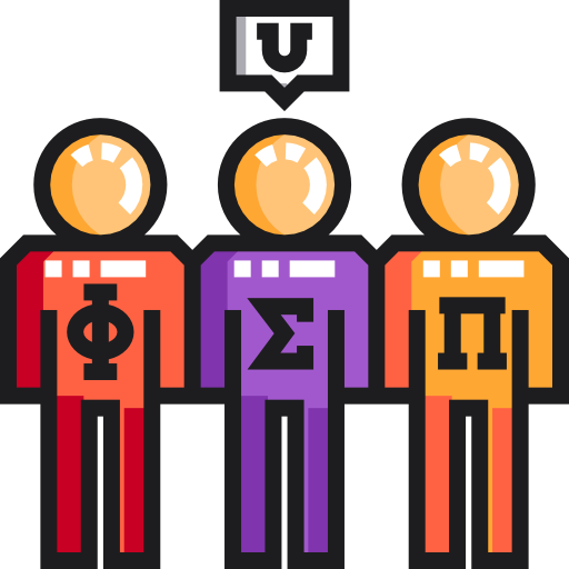 Three stylized figures in red, purple, and orange displaying Greek letters Φ, Σ, and Π; a 'U' icon floats above.